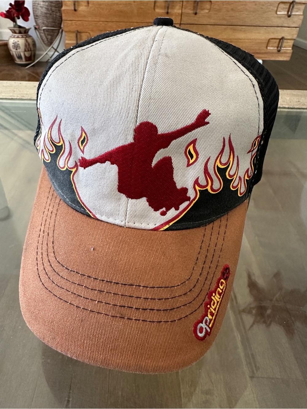 Brown & Black Trucker Hat with Red Skate Silhouette